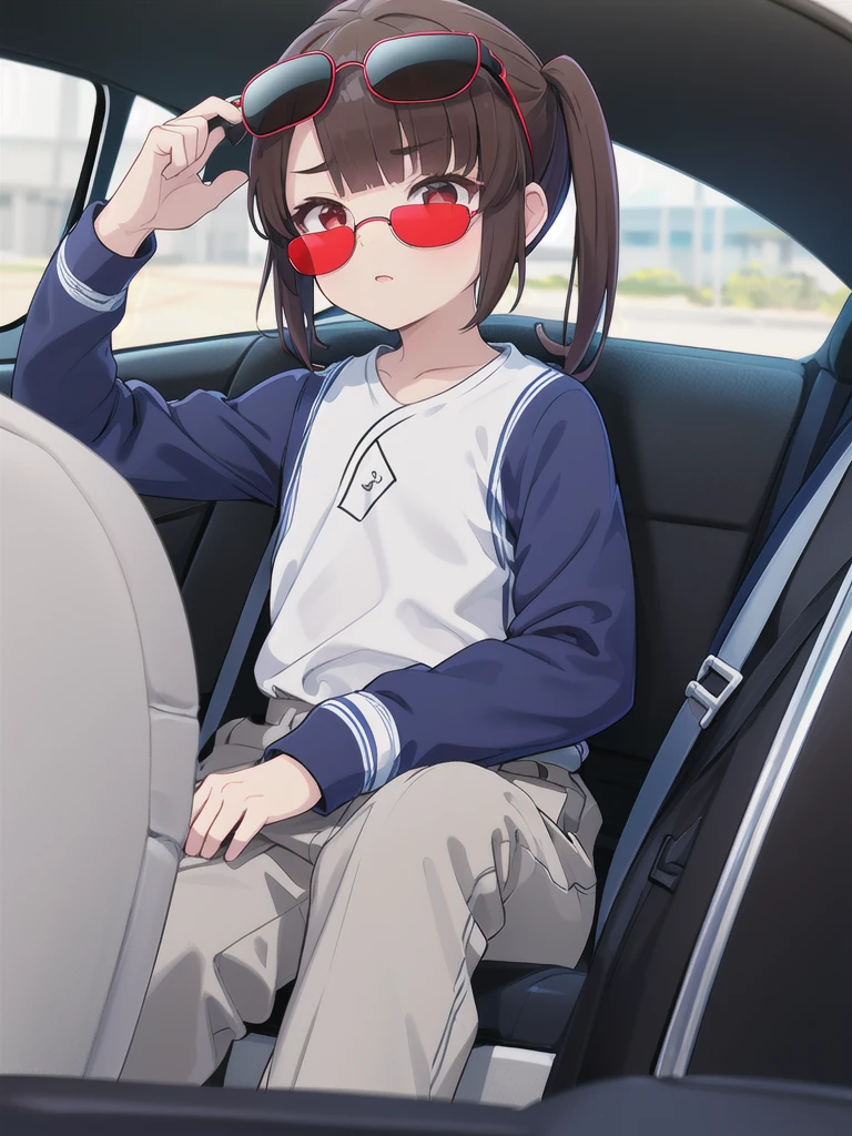 In the car,Convertible,Sitting,((Behind the wheel of a car)),Looking Ahead,driving,1 Girl, 独奏, Red eyes,((Wearing black sunglasses on your head)),, Twin tails, brown hair,crawling,((顔 focus)),upper body,White long sleeve shirt,Grey slacks, bangs, eyebrows visible through hair, Flat Chest, 