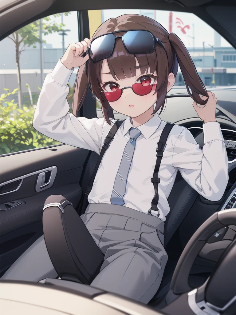 In the car,Convertible,Sitting,((Behind the wheel of a car)),Looking Ahead,driving,1 Girl, 独奏, Red eyes,((Wearing black sunglasses on your head)),, Twin tails, brown hair,crawling,((顔 focus)),upper body,White long sleeve shirt,Grey slacks, bangs, eyebrows visible through hair, Flat Chest,