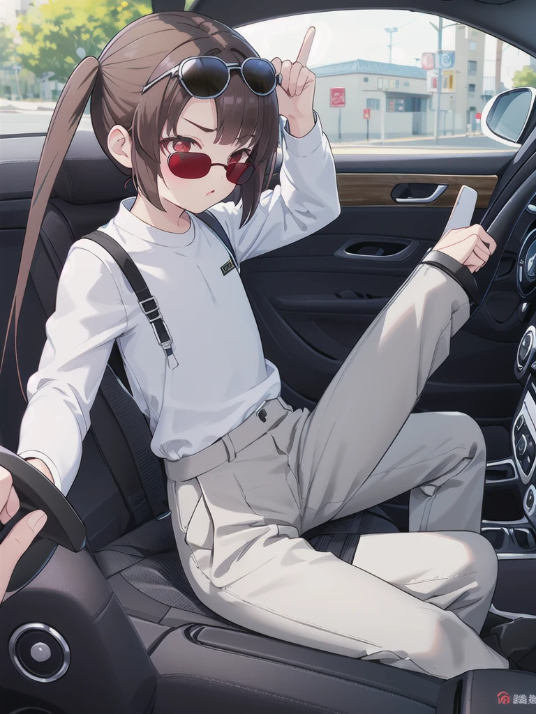 In the car,Convertible,Sitting,((Behind the wheel of a car)),Looking Ahead,driving,1 Girl, 独奏, Red eyes,((Wearing black sunglasses on your head)),, Twin tails, brown hair,crawling,((顔 focus)),upper body,White long sleeve shirt,Grey slacks, bangs, eyebrows visible through hair, Flat Chest, 