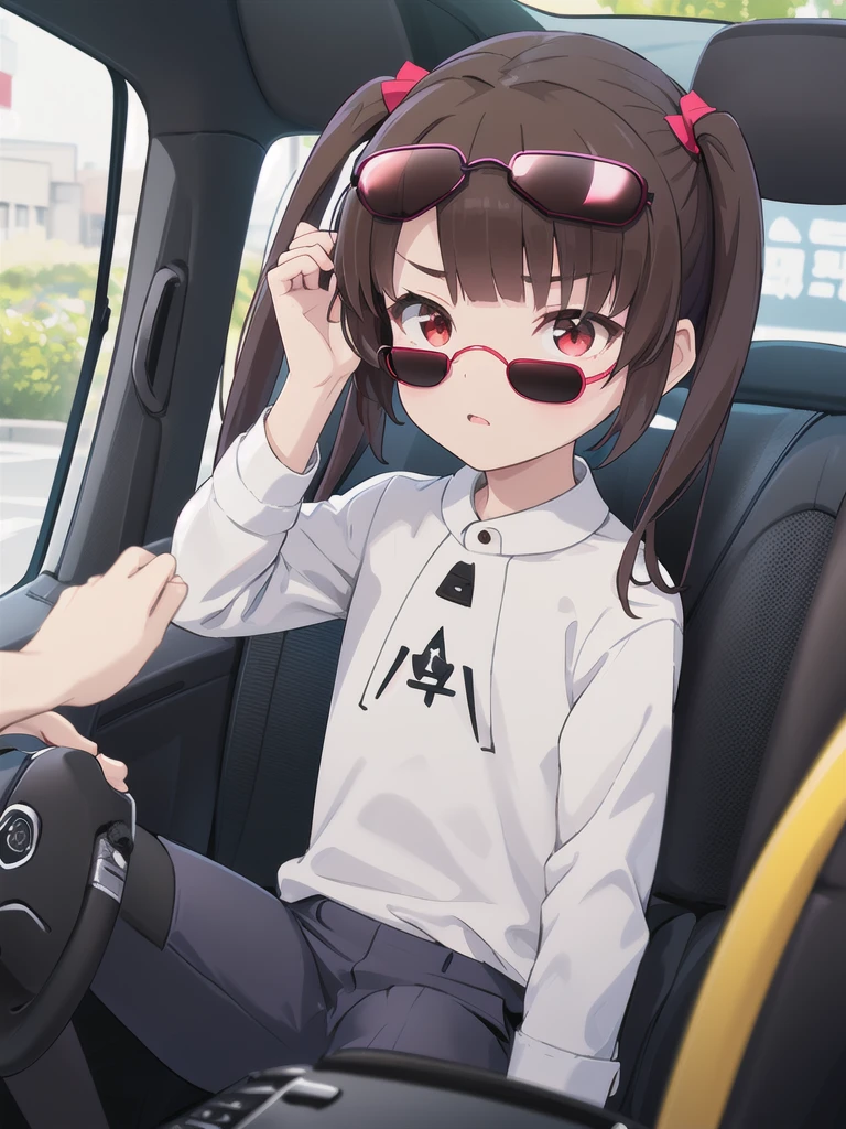 In the car,Convertible,Sitting,((Behind the wheel of a car)),Looking Ahead,driving,1 Girl, 独奏, Red eyes,((Wearing black sunglasses on your head)),, Twin tails, brown hair,crawling,((顔 focus)),upper body,White long sleeve shirt,Grey slacks, bangs, eyebrows visible through hair, Flat Chest,