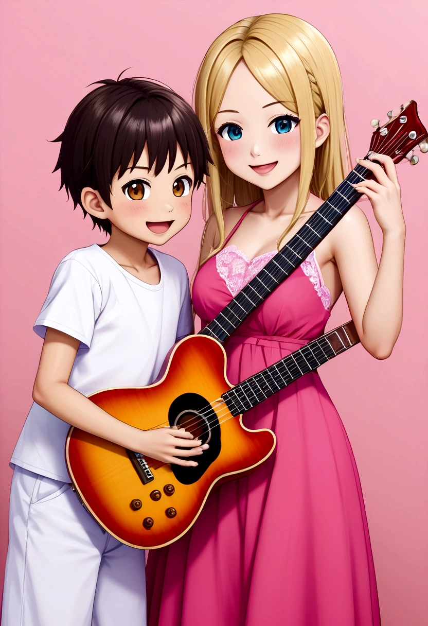 One 、2 year olds、guitar、Pink Dress、Cute blonde、infant、Kids Room、toy、stuffed toy、Pink Background、教育、Anime for children、可愛い2 year oldsがguitarを弾きながら歌っている、((3頭身のinfant:1.3))