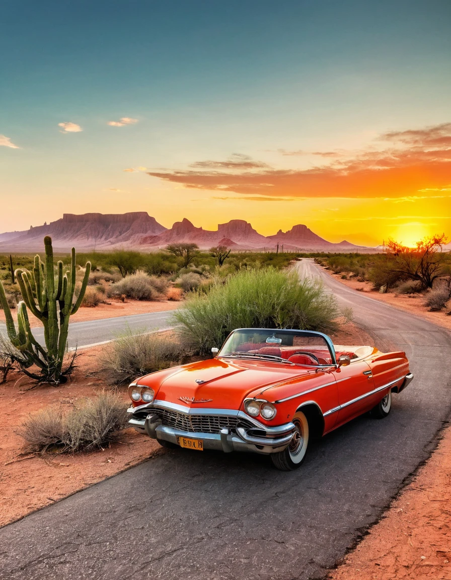 In the desert，A road winding into the distance，Summer，very hot，Summer炎炎，Orange desert red sky，A green vintage convertible is parked in the middle of the road