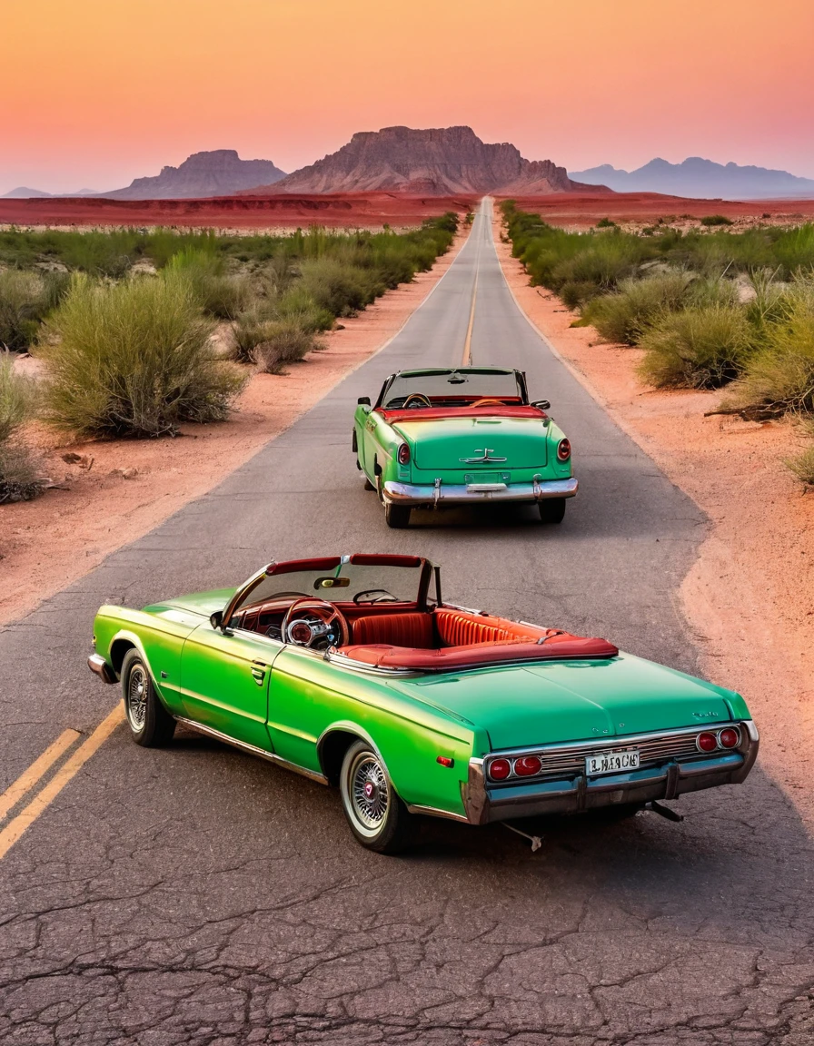 In the desert，A road winding into the distance，Summer，very hot，Summer炎炎，Orange desert red sky，A green vintage convertible is parked in the middle of the road