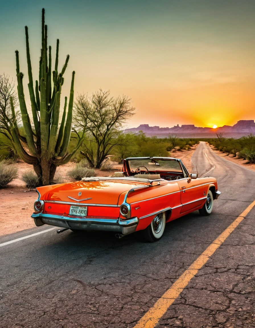 In the desert，A road winding into the distance，Summer，very hot，Summer炎炎，Orange desert red sky，A green vintage convertible is parked in the middle of the road