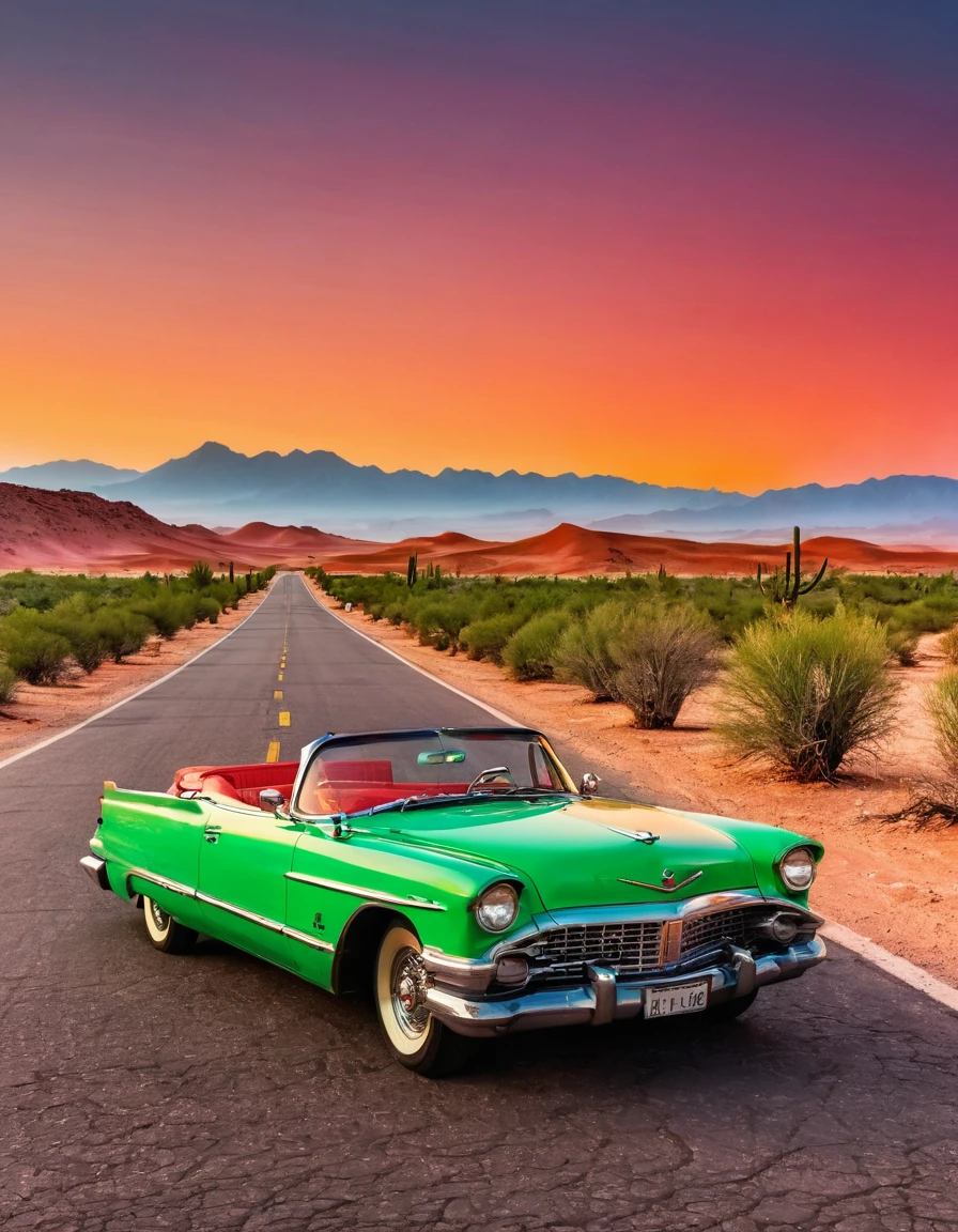 In the desert，A road winding into the distance，Summer，very hot，Summer炎炎，Orange desert red sky，A green vintage convertible is parked in the middle of the road