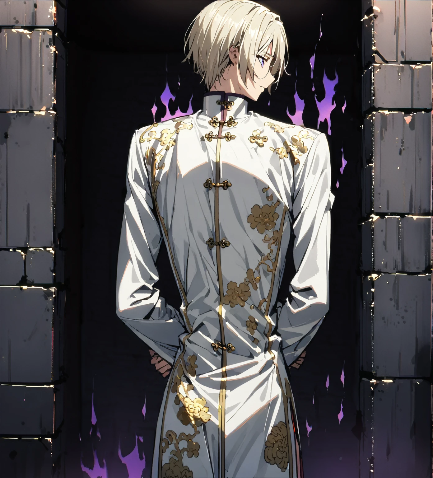 ((anime)),1 Male. Old-fashioned smile,Nice body,  beautiful 肌. oily 肌. Very delicate and beautiful. Very detailed. Clear Eyes. Clear presentation, HD detailed, Detailed Performance, Fine details, Clear Face, Correct it precisely, （（Long black hair））、Long white hair,good looking, expensive,A kind smile、Slightly muscular, (1 person: 1.3), (An 18-year-old man wearing a white Chinese suit）, [Dimly lit basement], Upper body,Hands Behind Back,(Black aura from the body:1.2)
 