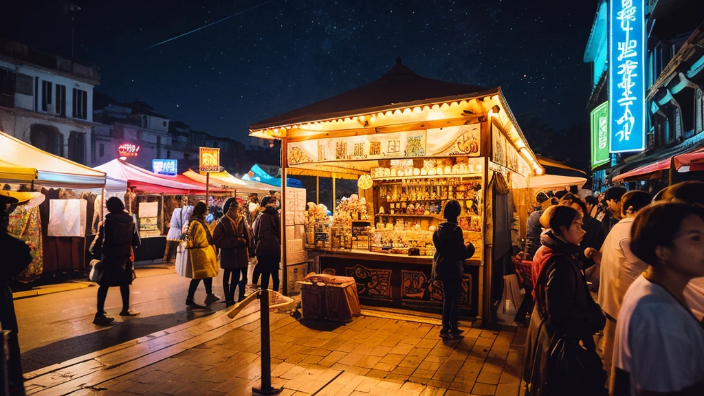 (masterpiece, Highest quality), festival, stall, night, An illustration,