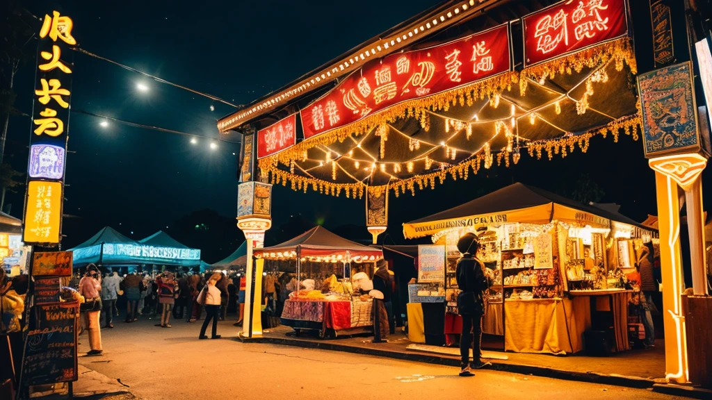 (masterpiece, Highest quality), festival, stall, night, An illustration,