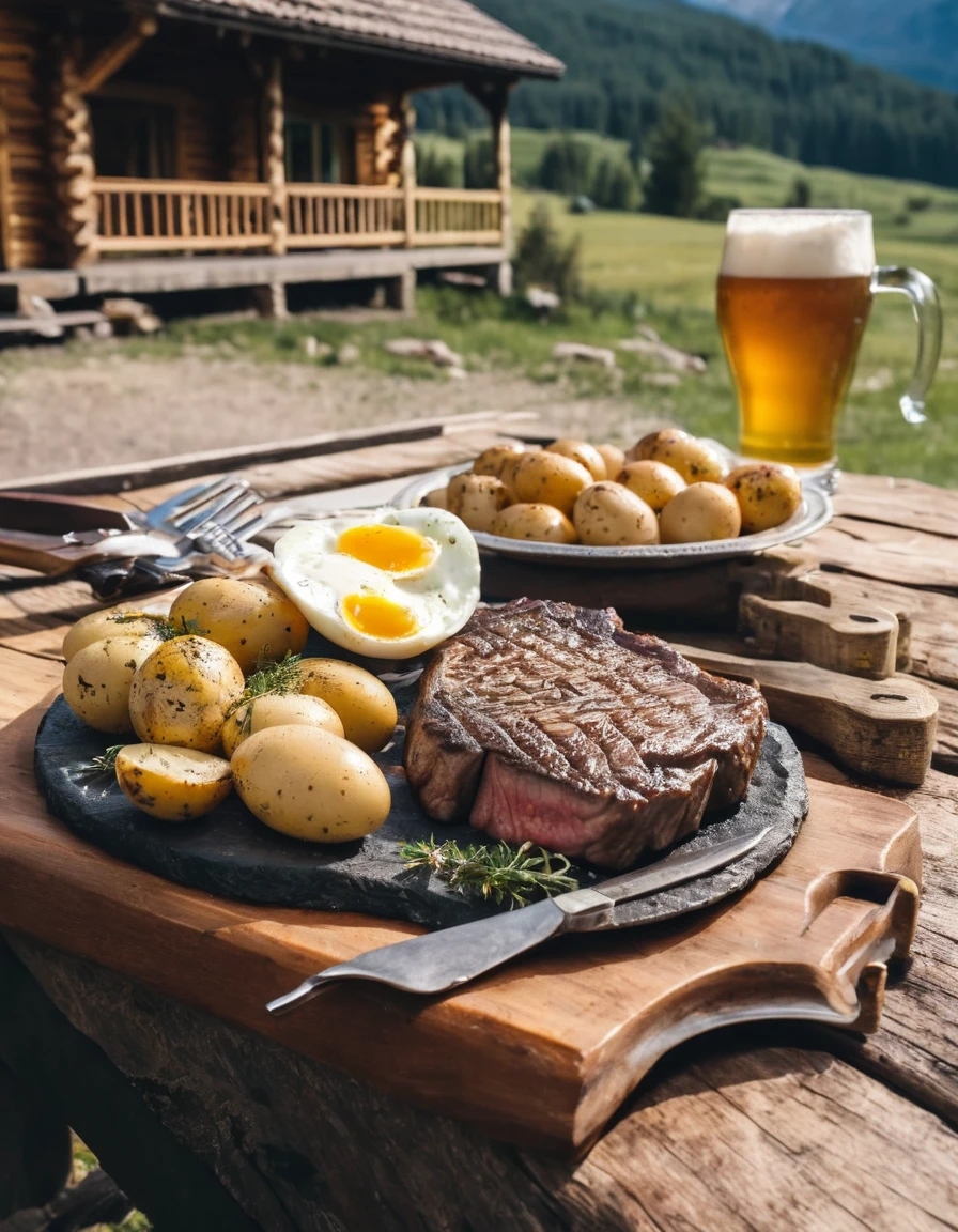 a grilled steak with eggs, potatoes and beer on a wooden table in front of a cabin, delicious food, 4k food photography, award winning food photo, professional food photography, realistic food picture, amazing food photography, super realistic food picture, chalet, log cabin beneath the alps, cabin in the woods, outback, rustic setting, outdoors setting, craft and adventure, meat and lichens, eating meat