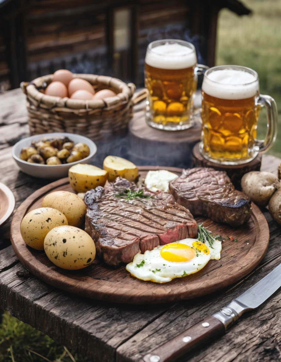 a grilled steak with eggs, potatoes and beer on a wooden table in front of a cabin, delicious food, 4k food photography, award winning food photo, professional food photography, realistic food picture, amazing food photography, super realistic food picture, chalet, log cabin beneath the alps, cabin in the woods, outback, rustic setting, outdoors setting, craft and adventure, meat and lichens, eating meat