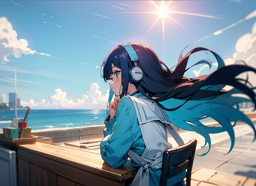 Anime style with an early 80's city pop culture vibe, Studio Ghibli vibe, cute!
,kawaii,A girl working on her pc at a cafe on a hill with a view of the ocean. She is wearing headphones and long-sleeved clothes. She is facing back. A pleasant breeze is blowing and her hair is blowing in the wind. The sun is setting. 768x432 [16 : 9].