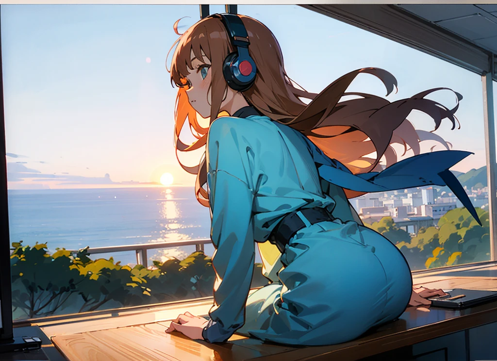 Anime style with an early 80's city pop culture vibe, Studio Ghibli vibe, cute!
,kawaii,A girl working on her pc at a cafe on a hill with a view of the ocean. She is wearing headphones and long-sleeved clothes. She is facing back. A pleasant breeze is blowing and her hair is blowing in the wind. The sun is setting. 768x432 [16 : 9].