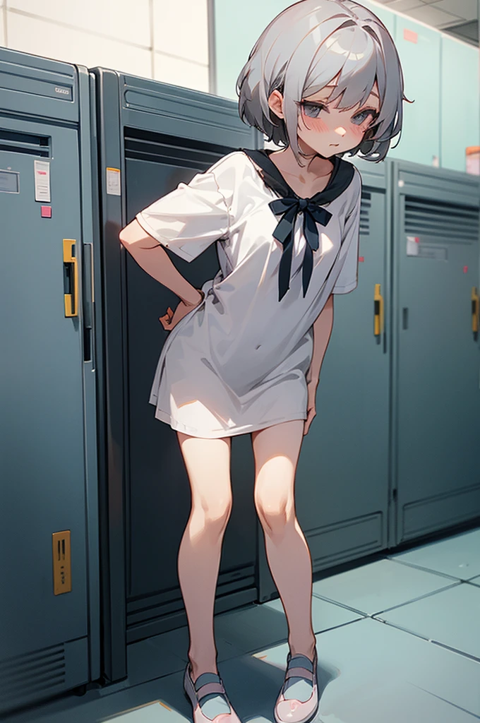 Koishi、Gray Hair、short hair、Cute casual clothes、Lower body naked、R18、The locker is open、front、(Pussy)、Small breasts、机の角でPussyを擦る