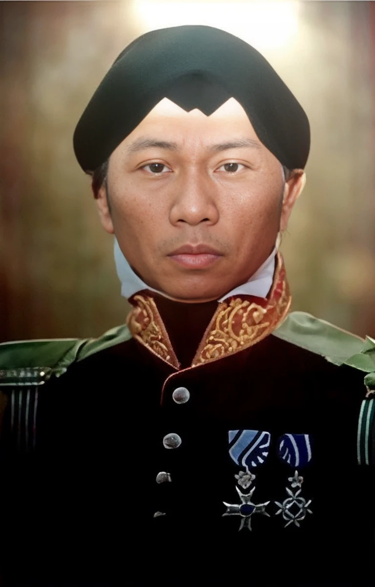 Indonesian Muslim man, aged 40 years or over, brownish wrinkled skin, wearing clothes with the nuances of a king or commander's clothes from the era of the era, very detailed, wearing a blangkon, small lips, clean eyes, not sharp nose. HD quality is very realistic