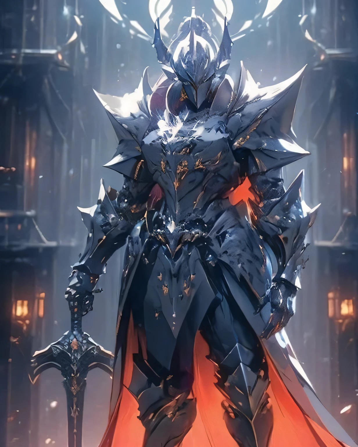 Knight Arav stands in a dark room with a sword., reflective armor, Glittering golden reflective armor, Steampunk Biological Armor, Redwood Forest Themed Armor, devil dragon inspired armor, damaged armor, gothic armor, Gold Armor, cyberpunk flame outfit, prince crown of black gear, Cyborg Zombie, devil! Compidium!, black leather armor, black gear, fire sword