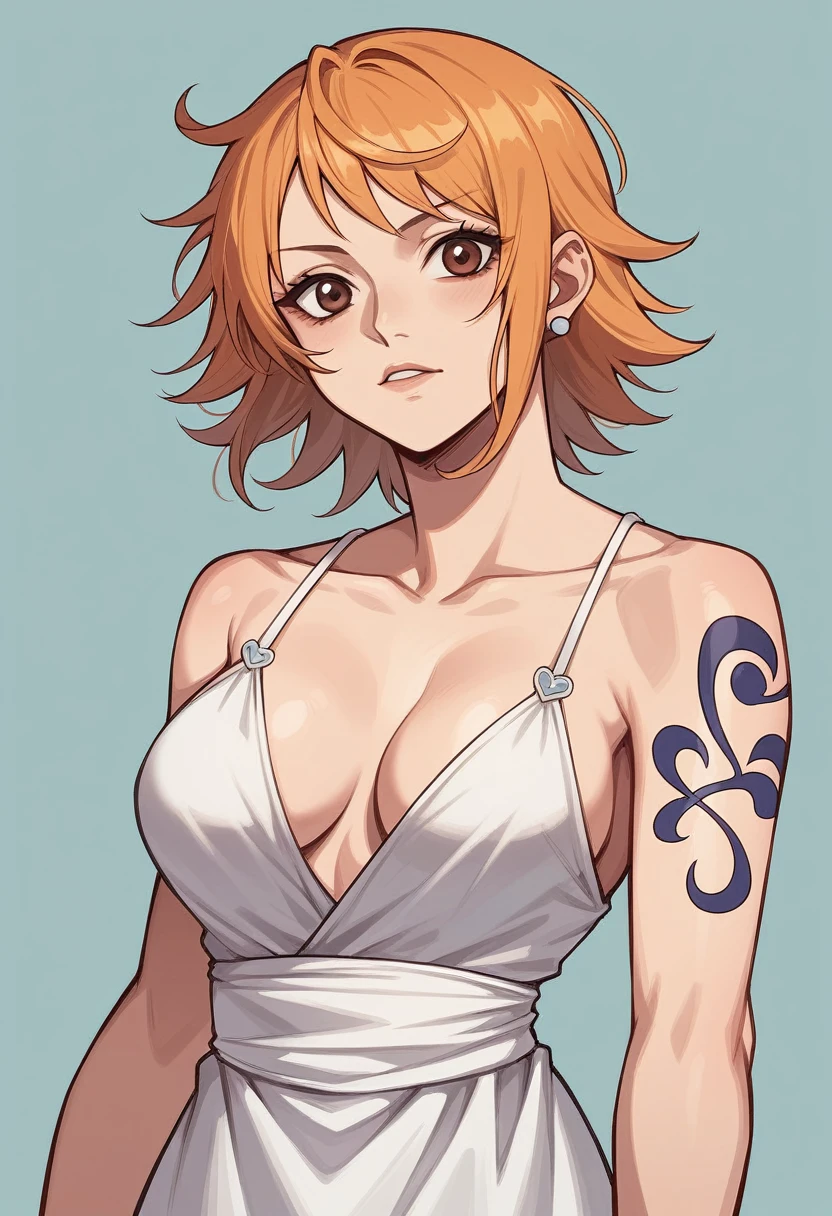 a woman in a pink and white dress posing for a picture, short blonde hair with bangs, floral tattoos, vivy, hair whitebangs hair, arm tattoos, she has blond hair, nami, suki, shoulder tattoo, a tattoo, tattoos, as a character in tekken, whole tattoo, tatoos, her loose hair, messy blonde hair, maya bee