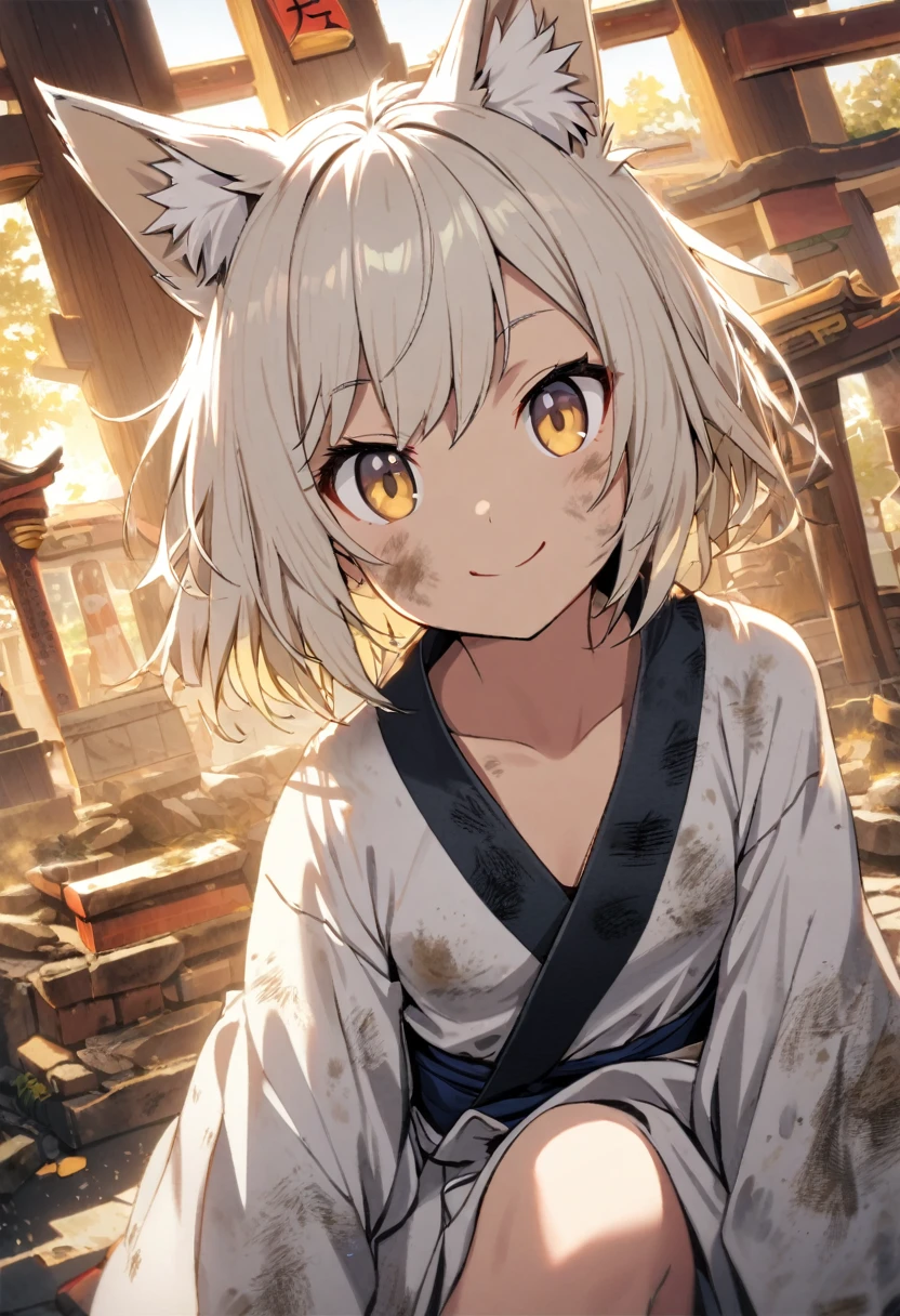 1girl,solo,short hair,dirty hair,white hair color,blonde eyes
color,fox ears,drooping eyes,dirty kimono,small breasts,short stature,looking at viewer,smile,Shrines in shambles,