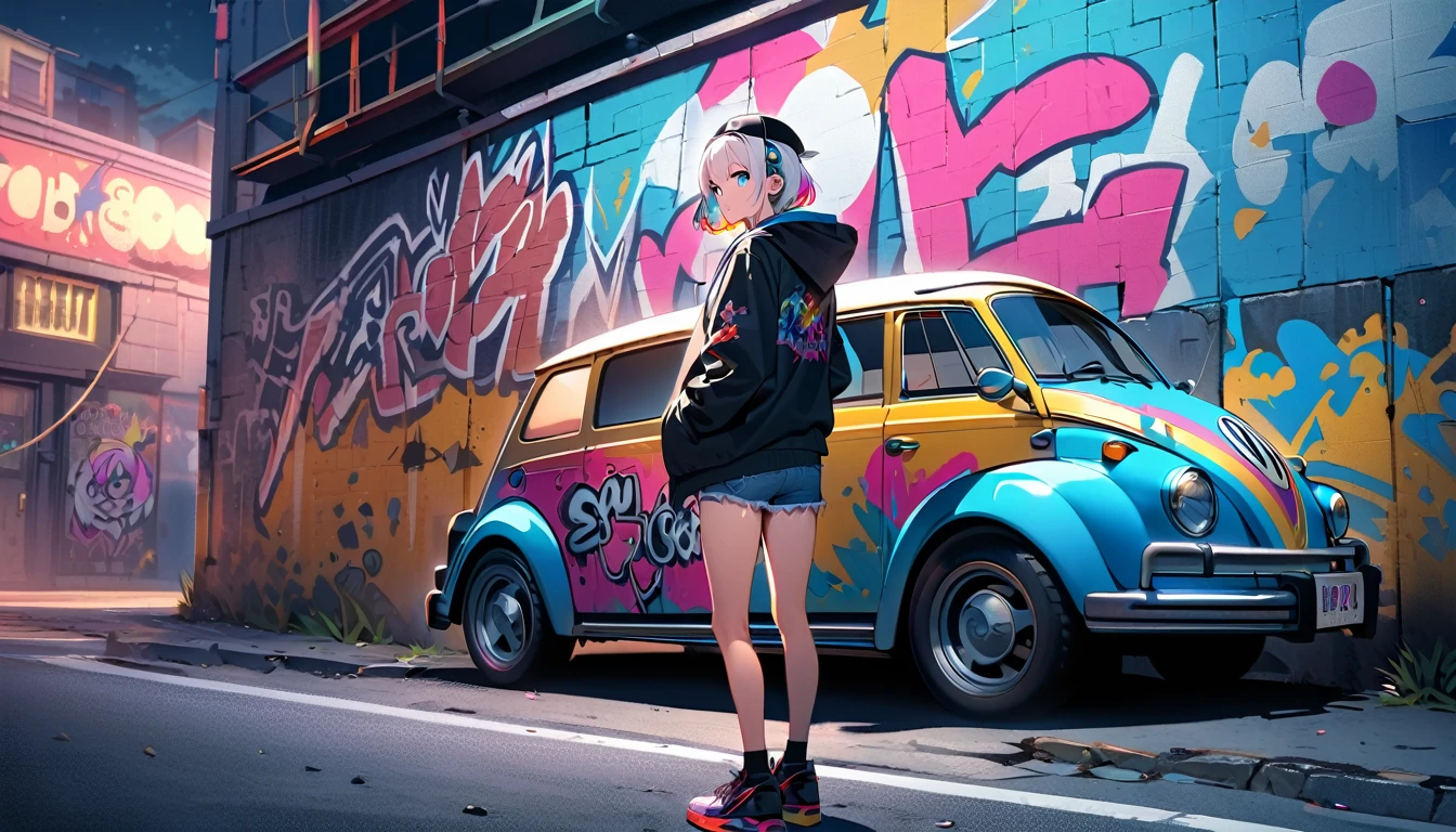 HD 8K Handsome cute, Solitary, 1 female, Medium Length Hair, white hair, Rainbow hair, blue Eyes, Rainbow headphone, hoodie, colored hoodie, black Trucker Hat, hip-hop style big hooded jacket, denim shorts, Human focus, Leaning against a Volkswagen car, outdoor, HD 8K outdoor, White clouds in the night, graffiti famous spray art wall,