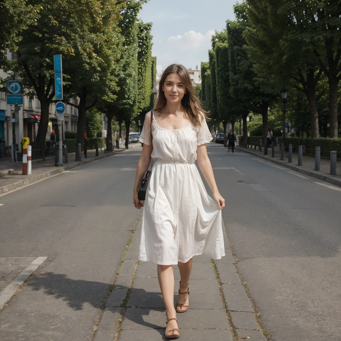 Lucie qui marche dans la rue en marche arriere en nous regardant