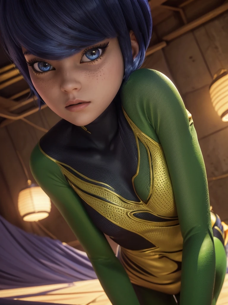 1girl, teenage girl, grasshopper style miraculous suit, green suit, slim body, flat chest, eye mask, blonde hair, grasshopper logo on the chest, (best quality,4k,8k,highres,masterpiece:1.2),ultra-detailed,(realistic,photorealistic,photo-realistic:1.37),portrait,detailed face, beautiful detailed eyes, beautiful detailed lips, extremely detailed eyes and face, long eyelashes, dynamic pose, action, colorful, vibrant colors, cinematic lighting, dramatic shadows