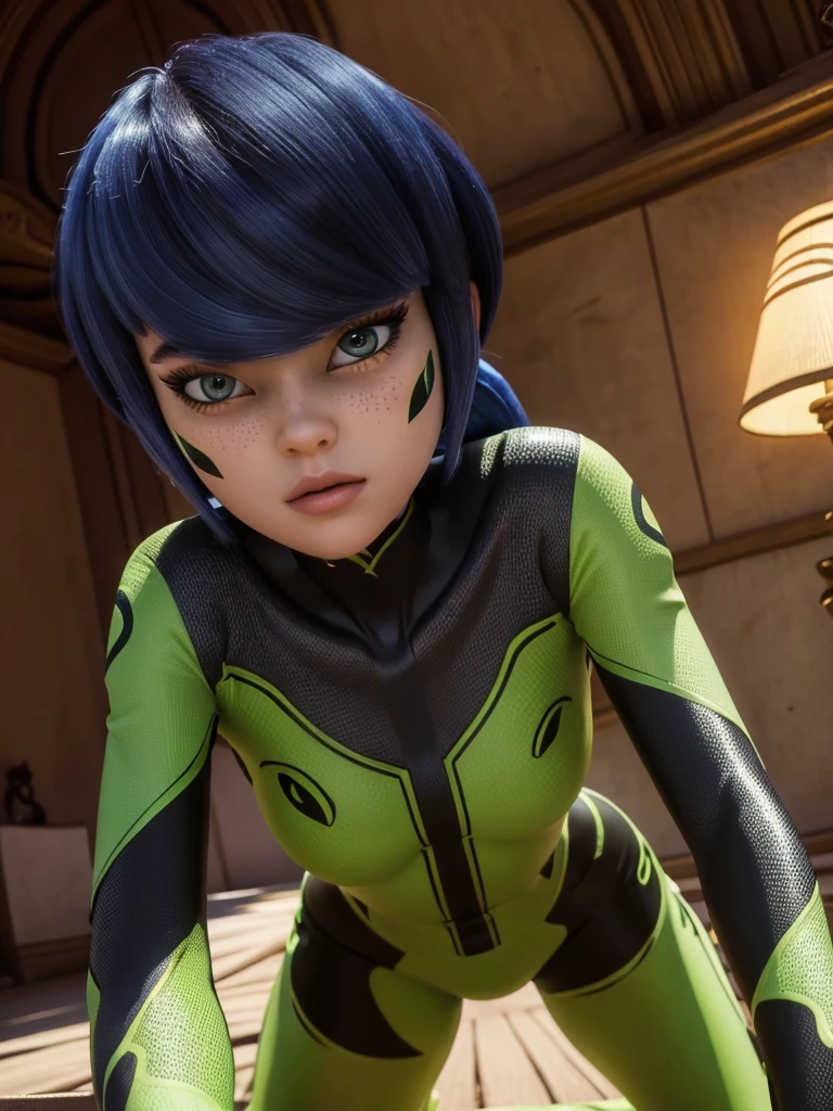 1girl, teenage girl, grasshopper style miraculous suit, green suit, slim body, flat chest, eye mask, blonde hair, grasshopper logo on the chest, (best quality,4k,8k,highres,masterpiece:1.2),ultra-detailed,(realistic,photorealistic,photo-realistic:1.37),portrait,detailed face, beautiful detailed eyes, beautiful detailed lips, extremely detailed eyes and face, long eyelashes, dynamic pose, action, colorful, vibrant colors, cinematic lighting, dramatic shadows