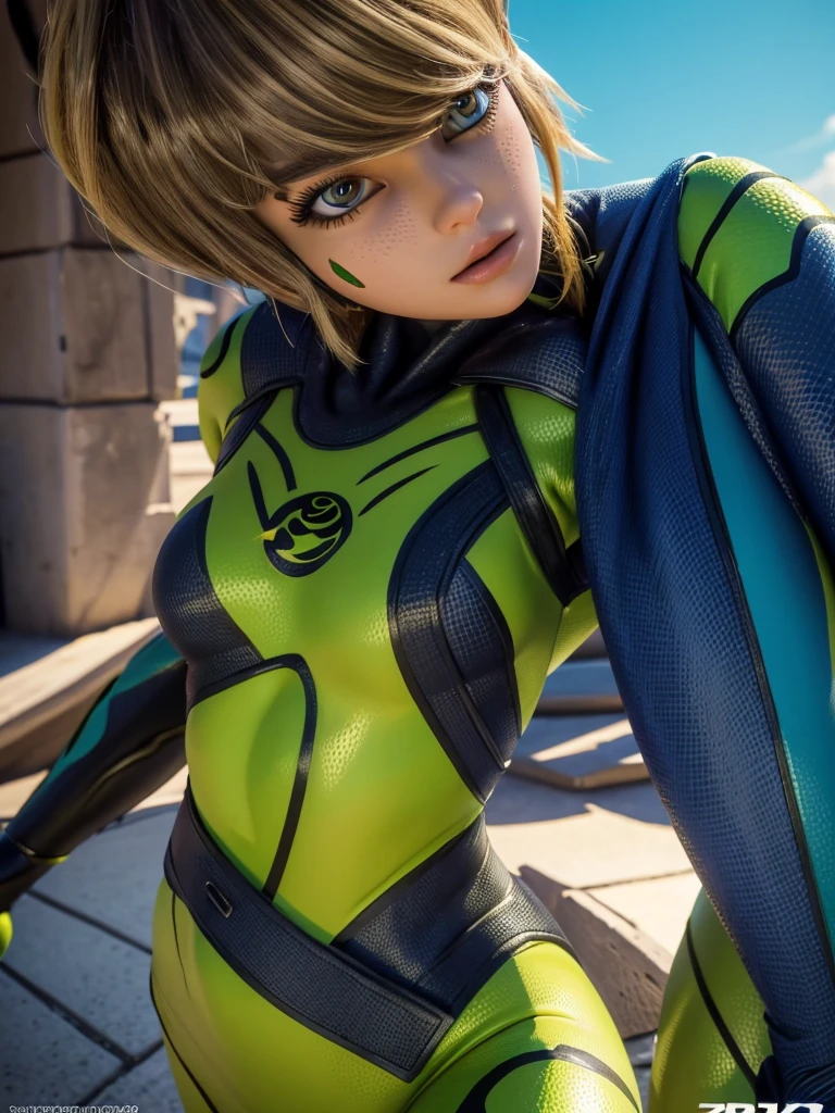 1girl, teenage girl, grasshopper style miraculous suit, green suit, slim body, flat chest, eye mask, blonde hair, grasshopper logo on the chest, (best quality,4k,8k,highres,masterpiece:1.2),ultra-detailed,(realistic,photorealistic,photo-realistic:1.37),portrait,detailed face, beautiful detailed eyes, beautiful detailed lips, extremely detailed eyes and face, long eyelashes, dynamic pose, action, colorful, vibrant colors, cinematic lighting, dramatic shadows