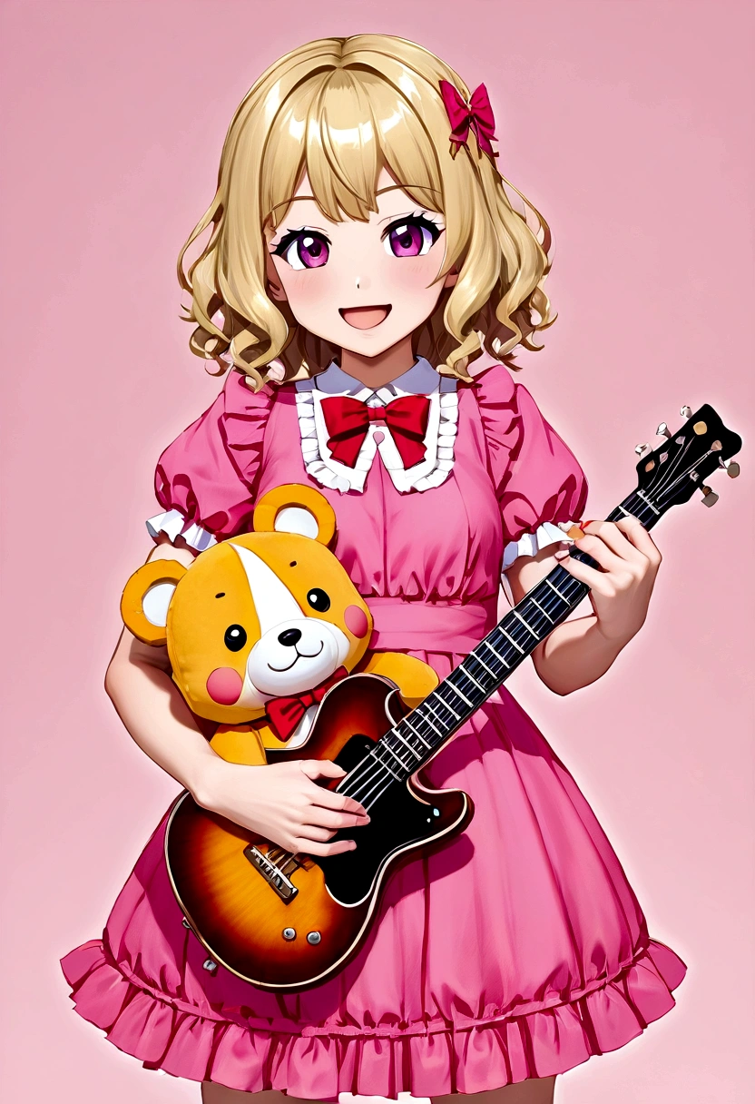 One 、2 year olds、guitar、Pink Dress、Cute blonde、infant、Kids Room、toy、stuffed toy、Pink Background、教育、Anime for children、可愛い2 year oldsがguitarを弾きながら歌っている、((3頭身のinfant:1.3))