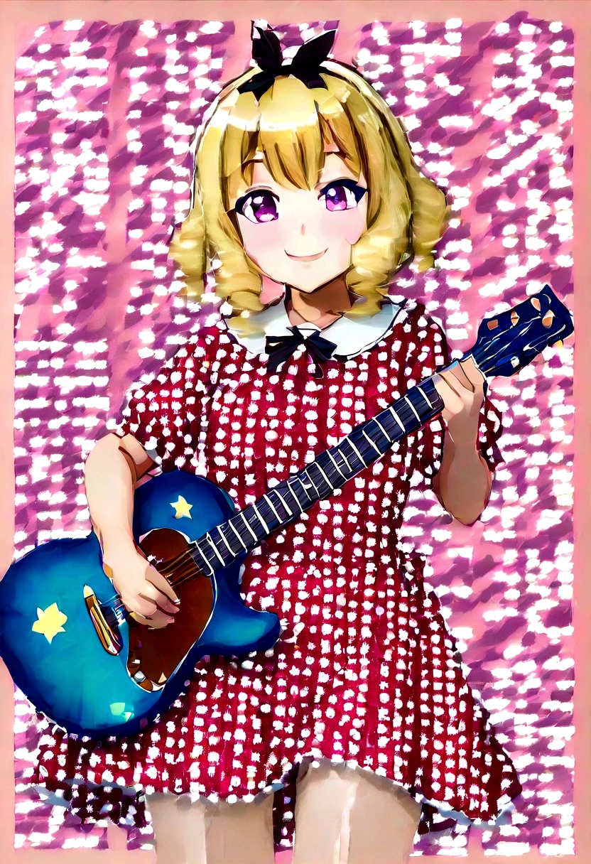 One 、2 year olds、guitar、Pink Dress、Cute blonde、infant、Kids Room、toy、stuffed toy、Pink Background、教育、Anime for children、可愛い2 year oldsがguitarを弾きながら歌っている、((3頭身のinfant:1.3))