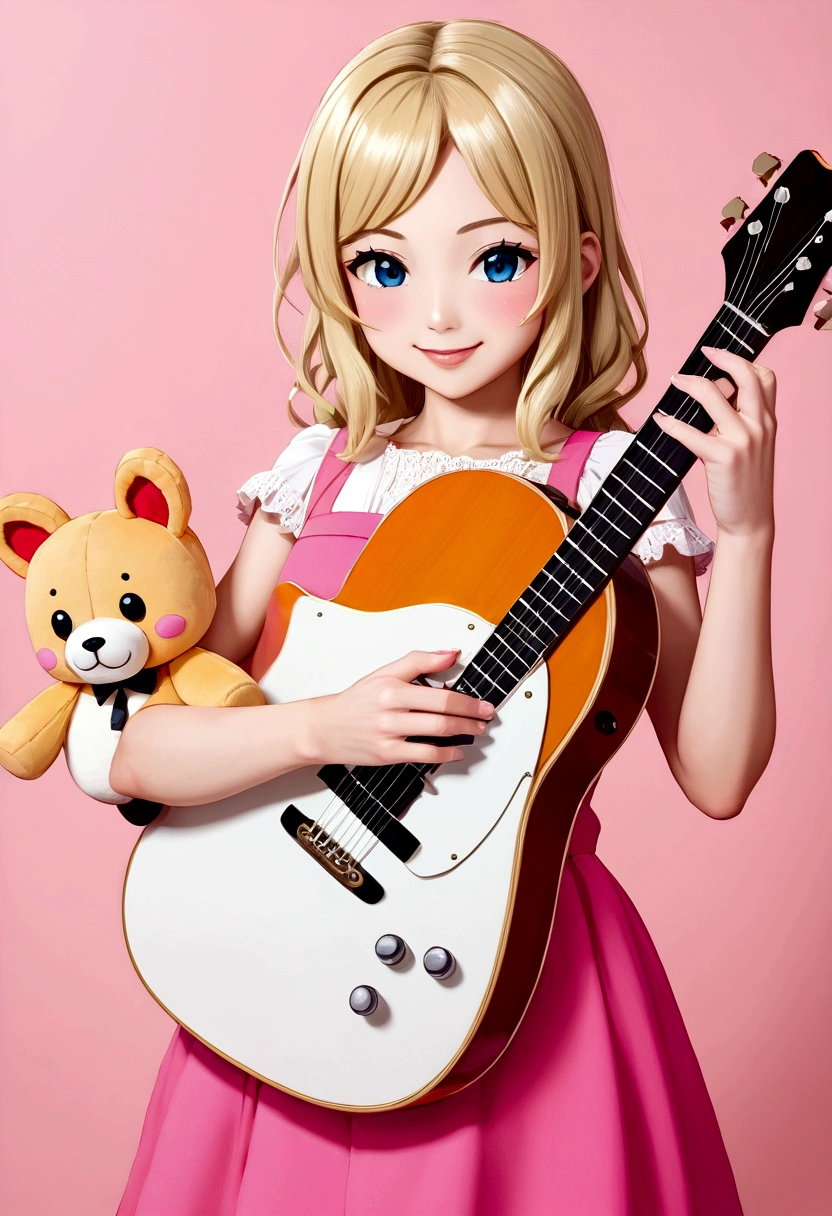 One 、2 year olds、guitar、Pink Dress、Cute blonde、infant、Kids Room、toy、stuffed toy、Pink Background、教育、Anime for children、可愛い2 year oldsがguitarを弾きながら歌っている、((3頭身のinfant:1.3))