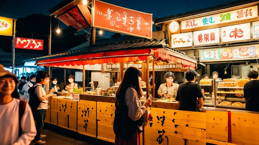(masterpiece, Highest quality), festival, Japan food stalls, night, An illustration,