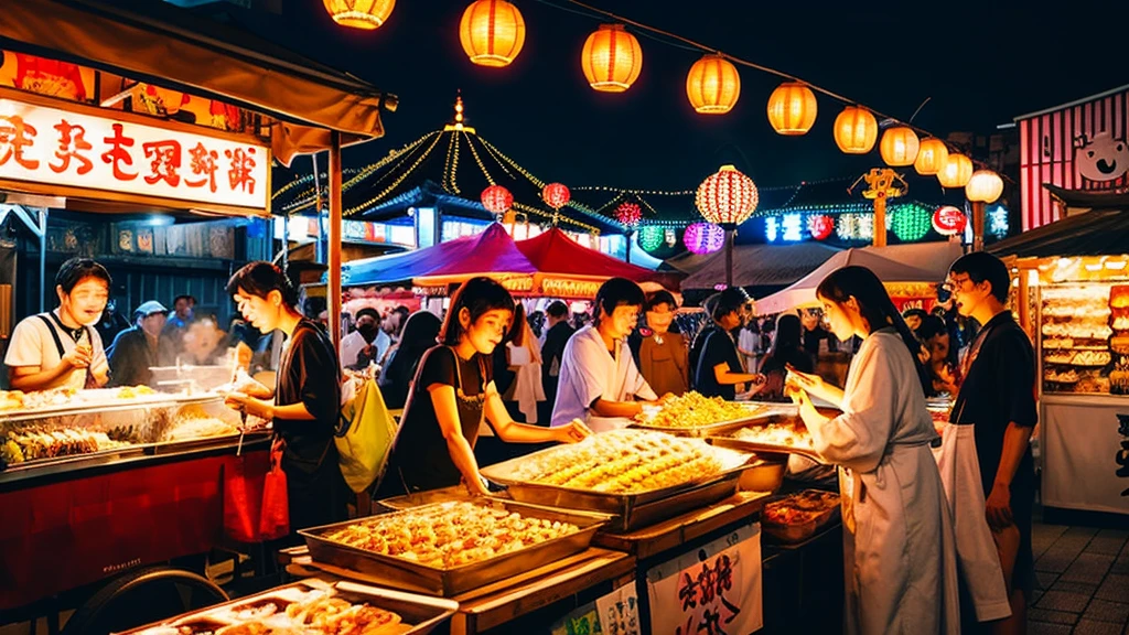 The crowd is bustling，Red lanterns hang high，
with an antique feel，It's like going back in time，
Night market snacks，The aroma is overflowing，
Delicious food，Make people linger，true，8k，RAW photos，High resolution， --auto