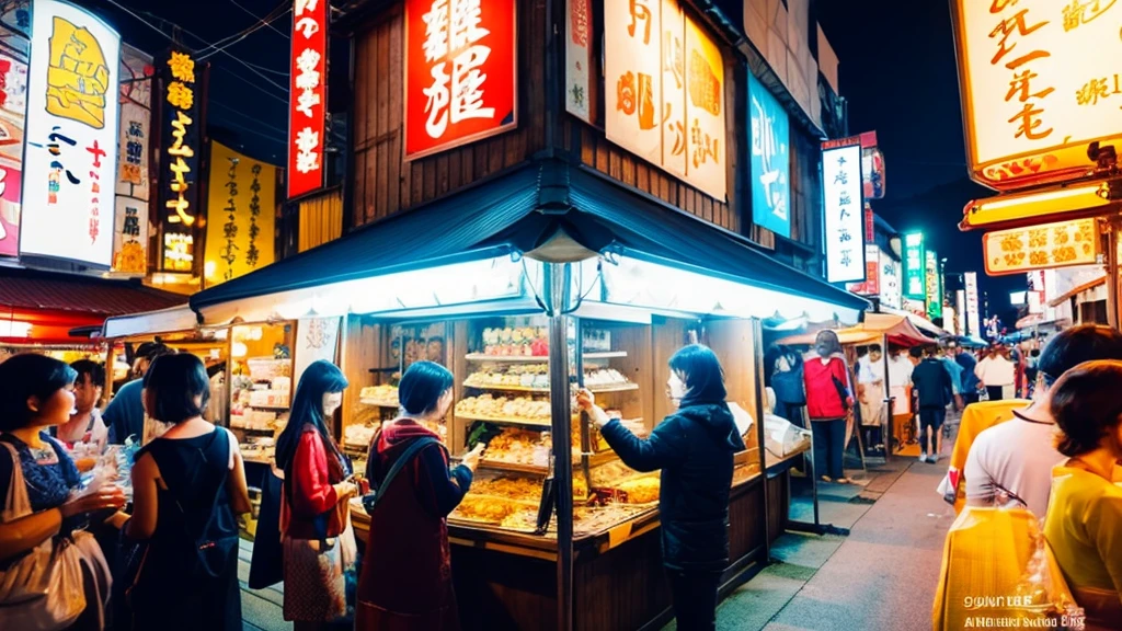 (masterpiece, Highest quality), festival, Japan food stalls, night, An illustration,