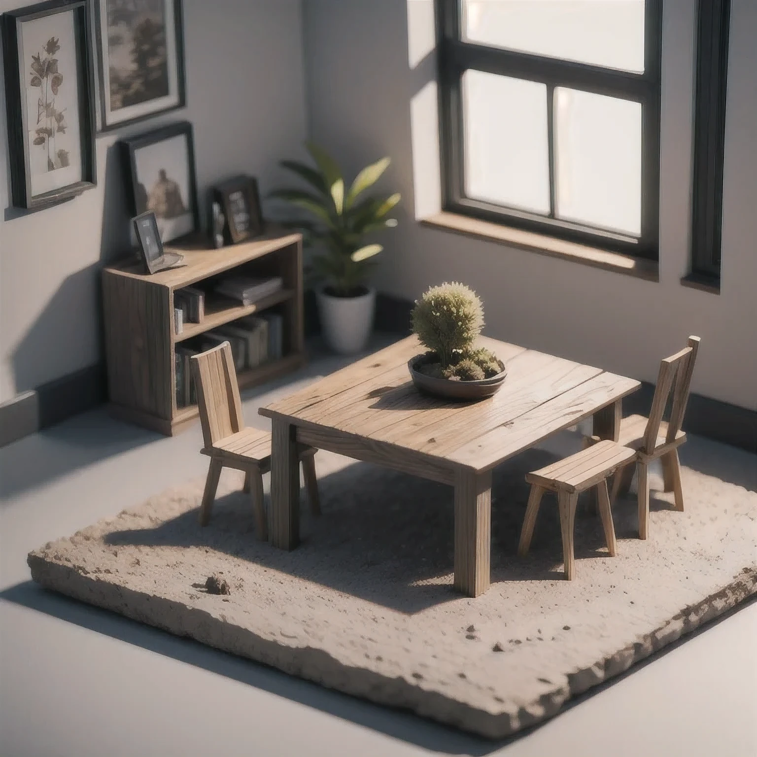 there is a  sitting at a table in a miniature house, stylized 3d render, 3 d clay render, 3d clay render, daily render, stylized as a 3d render, 3 d illustration, 3d illustration, low poly render, a low poly render, clay render, 3d low poly render, 3 d low poly render