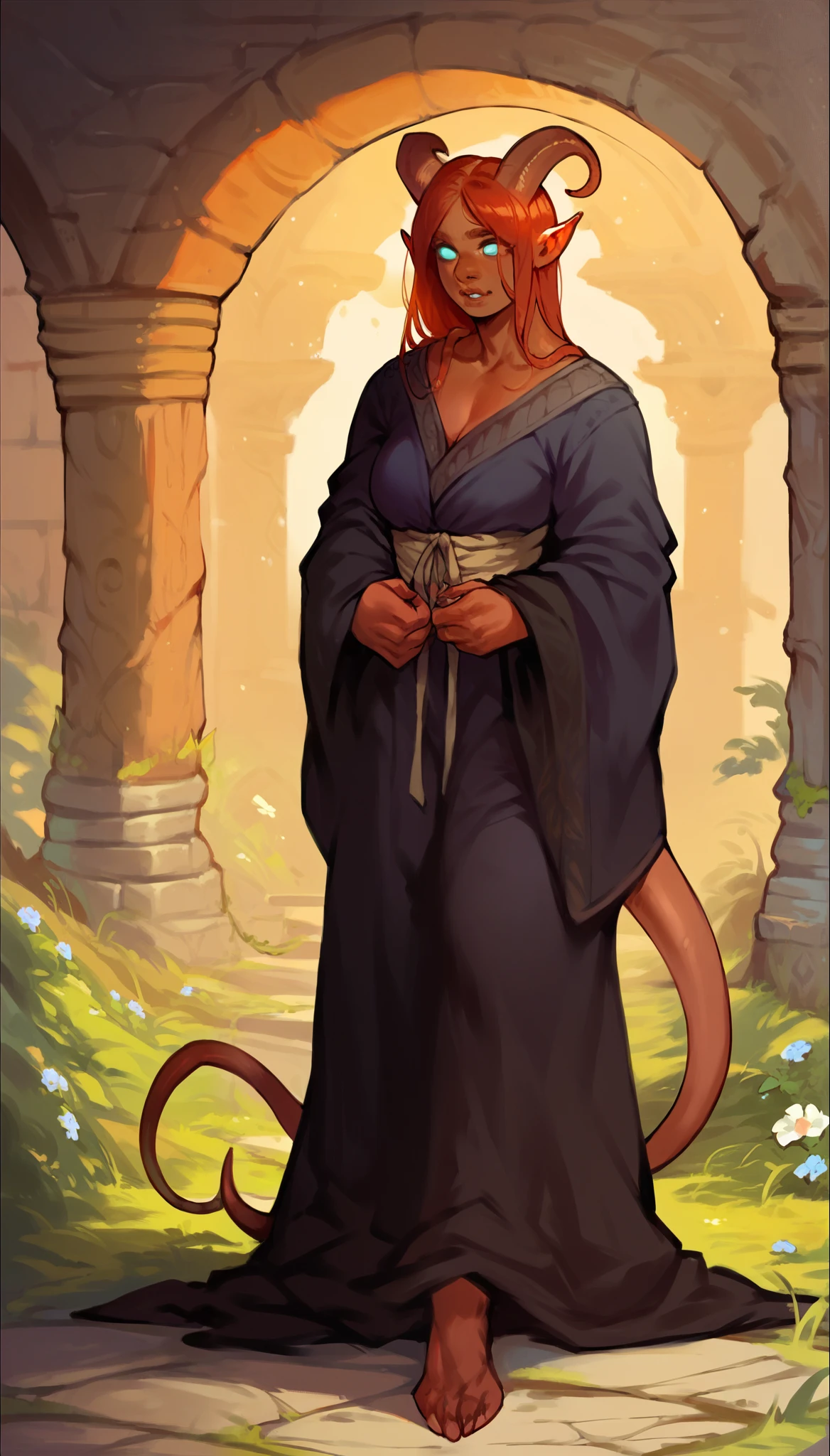 score_9, score_8_up, score_7_up, score_6_up, score_5_up, score_4_up,
(Tiefling, half-demon), solo, female, (athletic, anthro, dark skin, tail), full body, medieval, (sorceress, wearing dark robe clothes), dark temple background