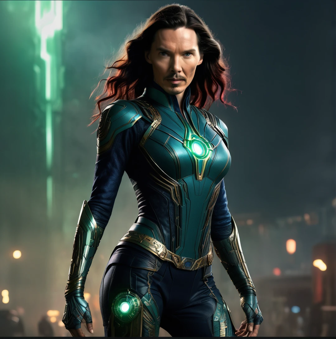 a highly detailed full body portrait of doctor strange in an iron man style cyberpunk suit, cinematic lighting, 8k, hyper realistic, dramatic pose, mechanical details, glowing energy effects, intricate mechanical design, futuristic technology, dynamic composition