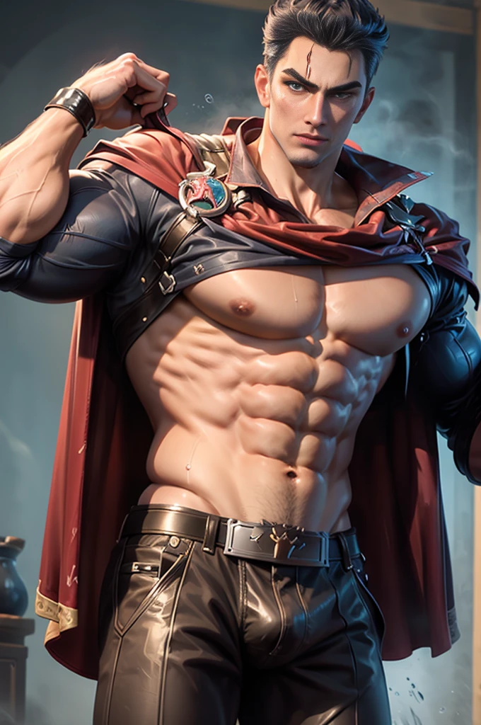 complex，masterpiece，best quality，Vivid colors，Ultra HD resolution，Shirtless，Wearing a cape，Naked upper body，For the audience，Oval face，Cold，brave，Sexy，Muscular，Crotch bulge、Expansion，Liquid gushing out of the crotch，Big nipples and milk spray，Put your hands in your trouser pockets，Soaked，Muscle Hero，Super buff and cool，Full of masculine charm and vitality，Handsome appearance，Unruly character，Sexy肌型，Exaggerated muscle，Realistic perfect body，Muscular身材，Medium shot of a young handsome muscular general