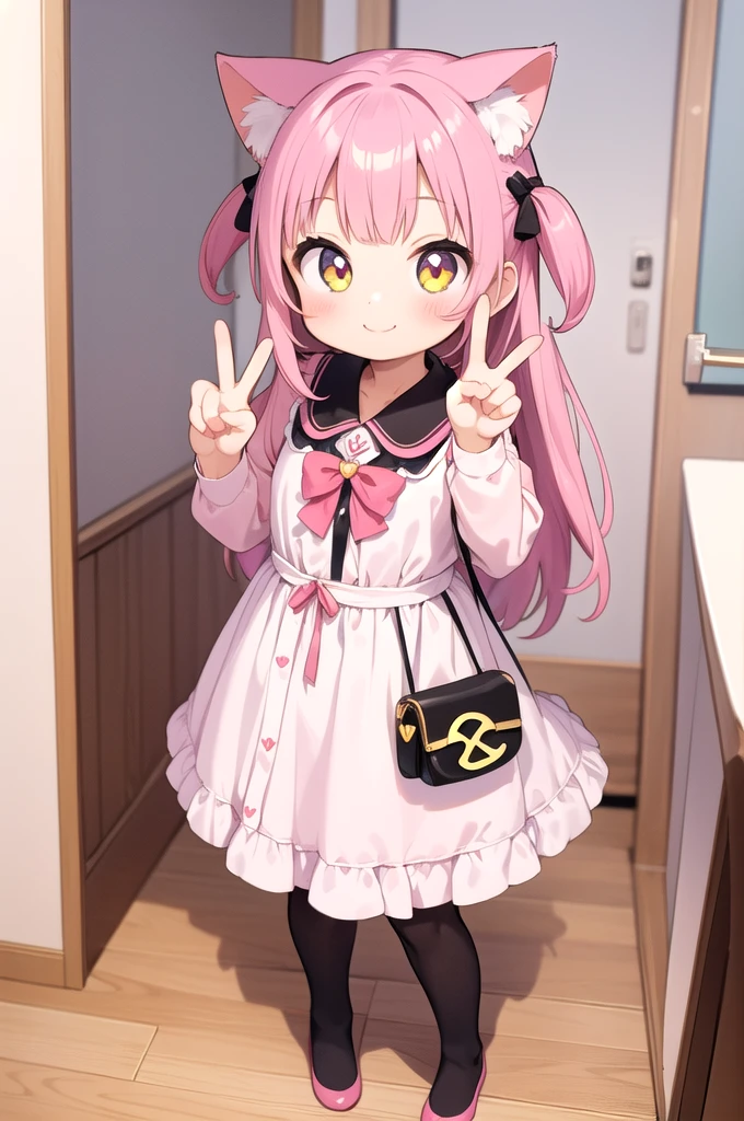 1 girl,cat girl,animal ears,cola,looking at the viewer,SMILE,peace sign,kawaii pink room,heart item,Love,standing,Upper part of the body,