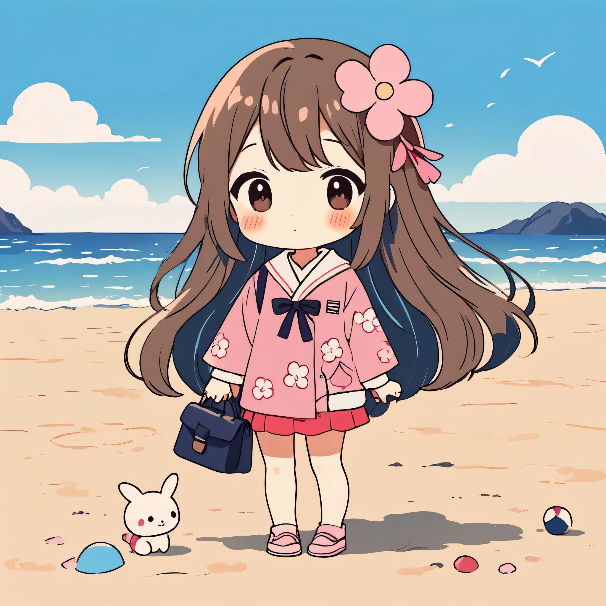 Momoko Sakura style, Simple Line Initialism,Abstract art,Kawaii Design, The most beautiful girl of all time、chibi, The background is the beach、playing