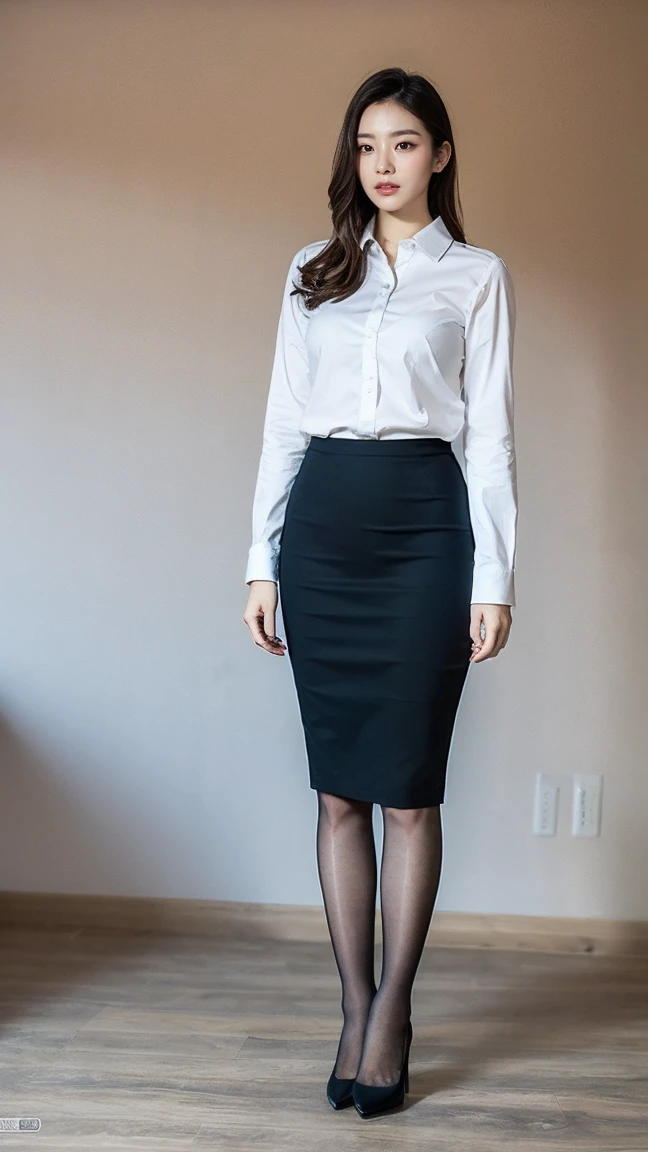 (Tabletop,high quality,16K:1.1),(Depth of written boundary:1.3) ,((Front body:1.35)),Korean ,woman, ((suit, Pencil Skirt)), tights,,(View your viewers:1.3),(Full Body Shot:1.2),(The background is the office,