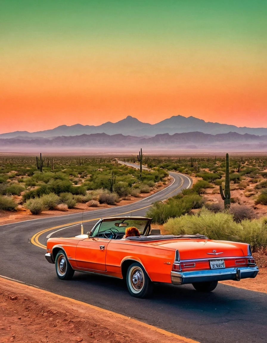 In the desert,A road winding into the distance,Summer,very hot,Summer炎炎,Orange desert red sky,A green vintage convertible is parked in the middle of the road,A person sits in the car