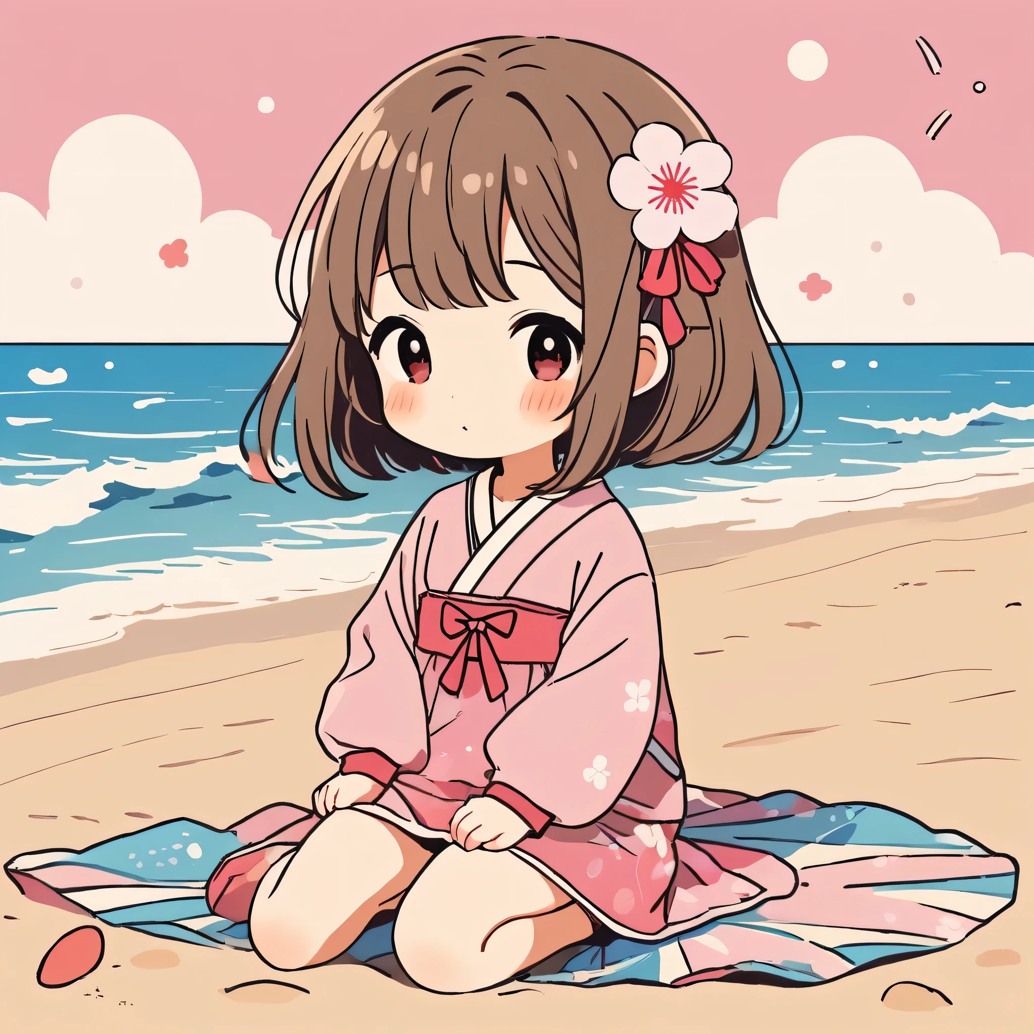 Momoko Sakura style, Simple Line Initialism,Abstract art,Kawaii Design, The most beautiful girl of all time、chibi, The background is the beach、playing