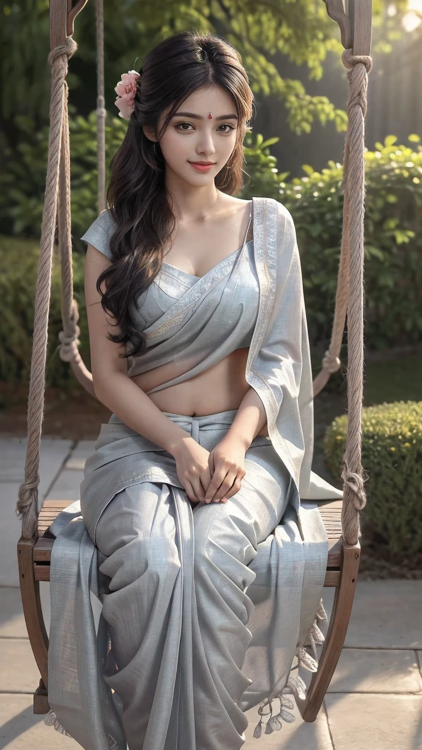 Close up, 24 year old indian woman, Thin gray silky saree, oily body, long hair, Sitting on a swing in a beautiful garden, ultra realistic, realism,big breast , cleavage,cute, charming, day time, medium height, big eyes, Indian traditional style saree, Pink bangles in both hands, Rose flower in hair, hair pin, ambient lighting, perfect anatomy, detailed body and face, 8K, Masterpiece, RAW photo, Best quality, Photorealistic, Extremely detailed CG Unity 8K wallpaper, Noval Showing, Most Beautiful smile, ((smile:1.2)), ((No need thighs expose)),