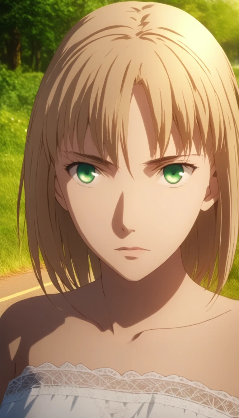 ((Highest quality)), ((masterpiece)), (detailed), (Perfect Face)、The woman is a female member of the Hutt clan, Tearje the Hutt, a giant slug-shaped alien like Jabba the Hutt, with green eyes and medium-length blonde hair.