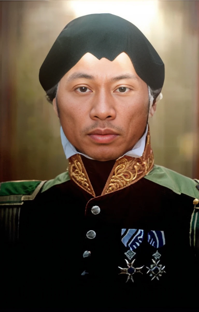 Indonesian Muslim man, aged 40 years or over, brownish wrinkled skin, wearing clothes with the nuances of a king or commander's clothes from the era of the era, very detailed, wearing a blangkon, small lips, clean eyes, not sharp nose. HD quality is very realistic