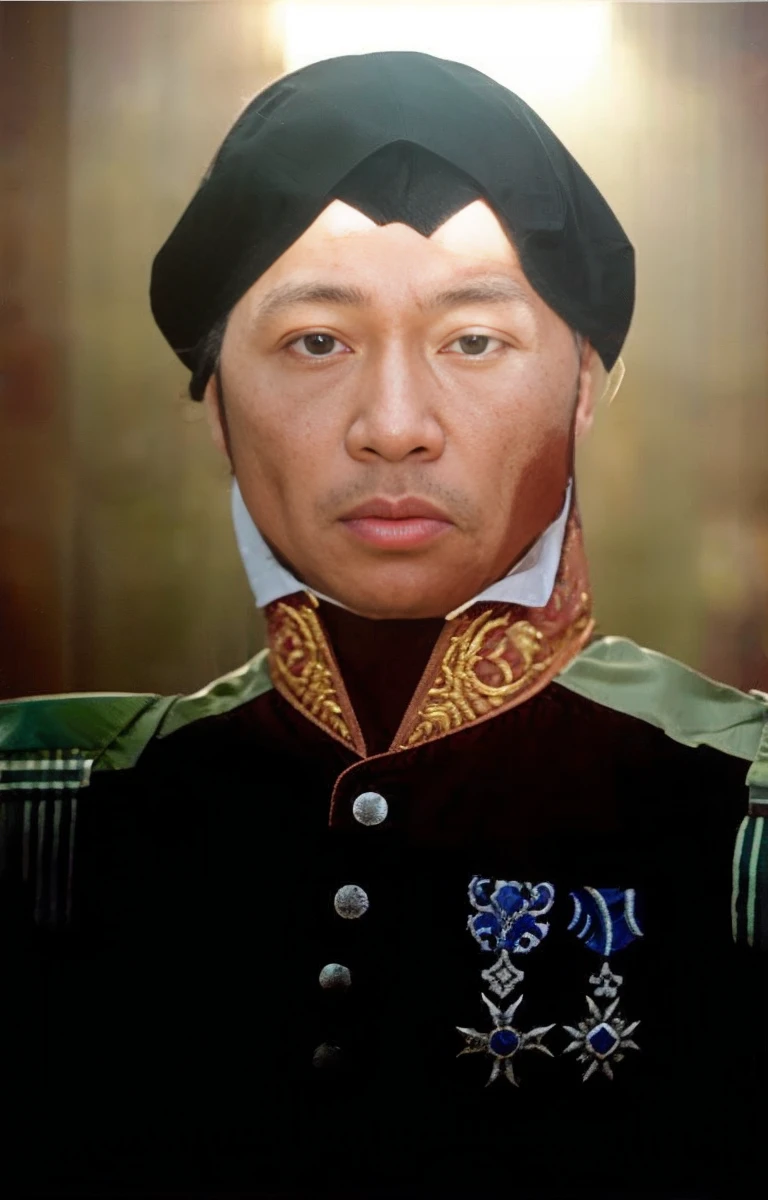 Indonesian Muslim man, aged 40 years or over, brownish wrinkled skin, wearing clothes with the nuances of a king or commander's clothes from the era of the era, very detailed, wearing a blangkon, small lips, clean eyes, not sharp nose. HD quality is very realistic