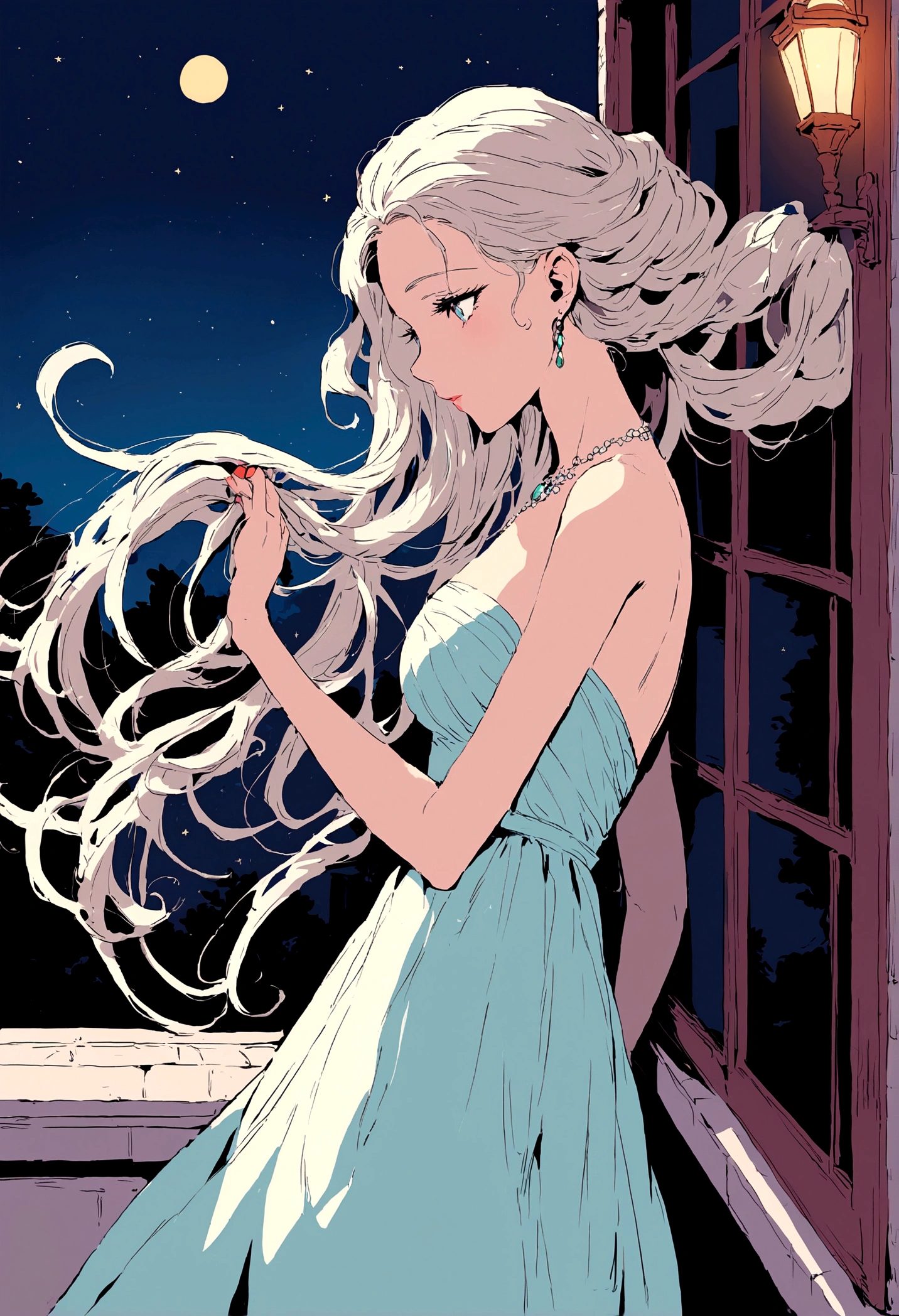 night,Street Lights,((White Camellia)),windowsill,Illustration style,Beautiful women,evening dress,A gentle breeze blows through the strands of hair