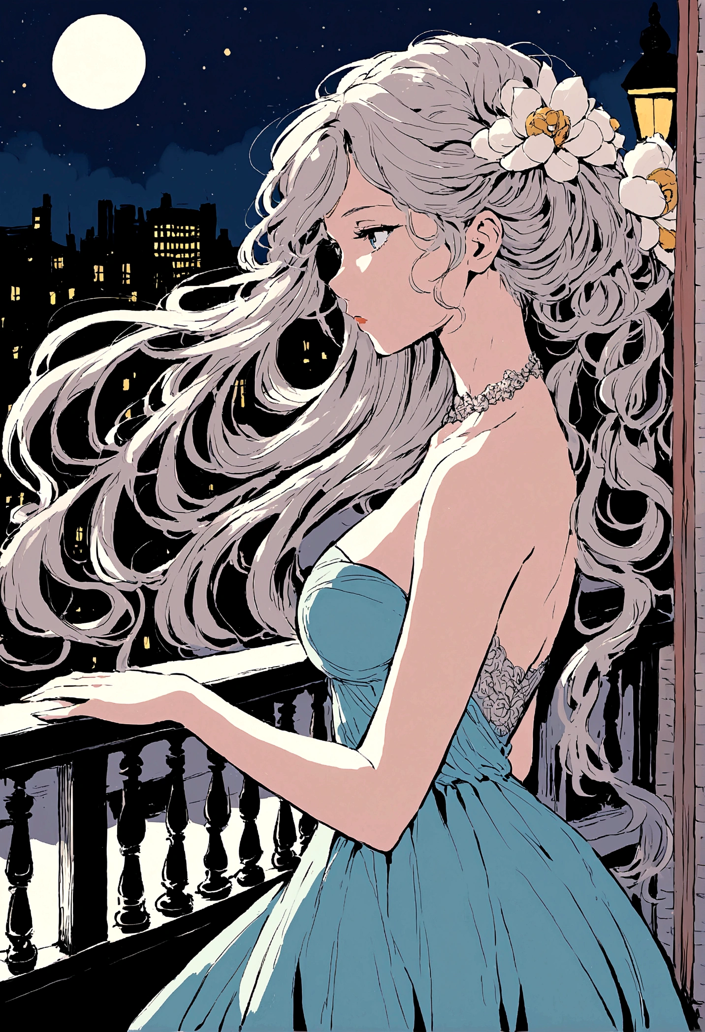 night,Street Lights,((White Camellia)),windowsill,Illustration style,Beautiful women,evening dress,A gentle breeze blows through the strands of hair