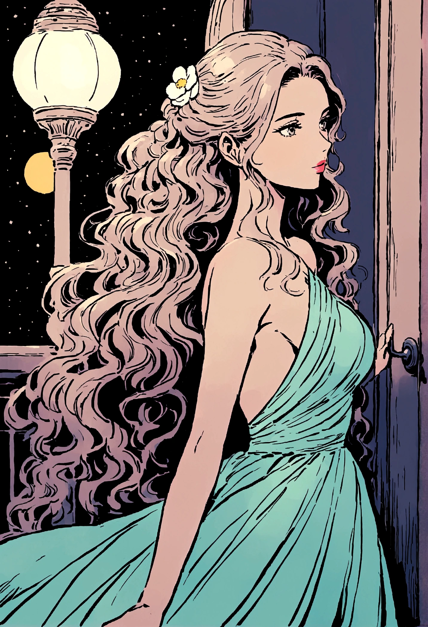 night,Street Lights,((White Camellia)),windowsill,Illustration style,Beautiful women,evening dress,A gentle breeze blows through the strands of hair