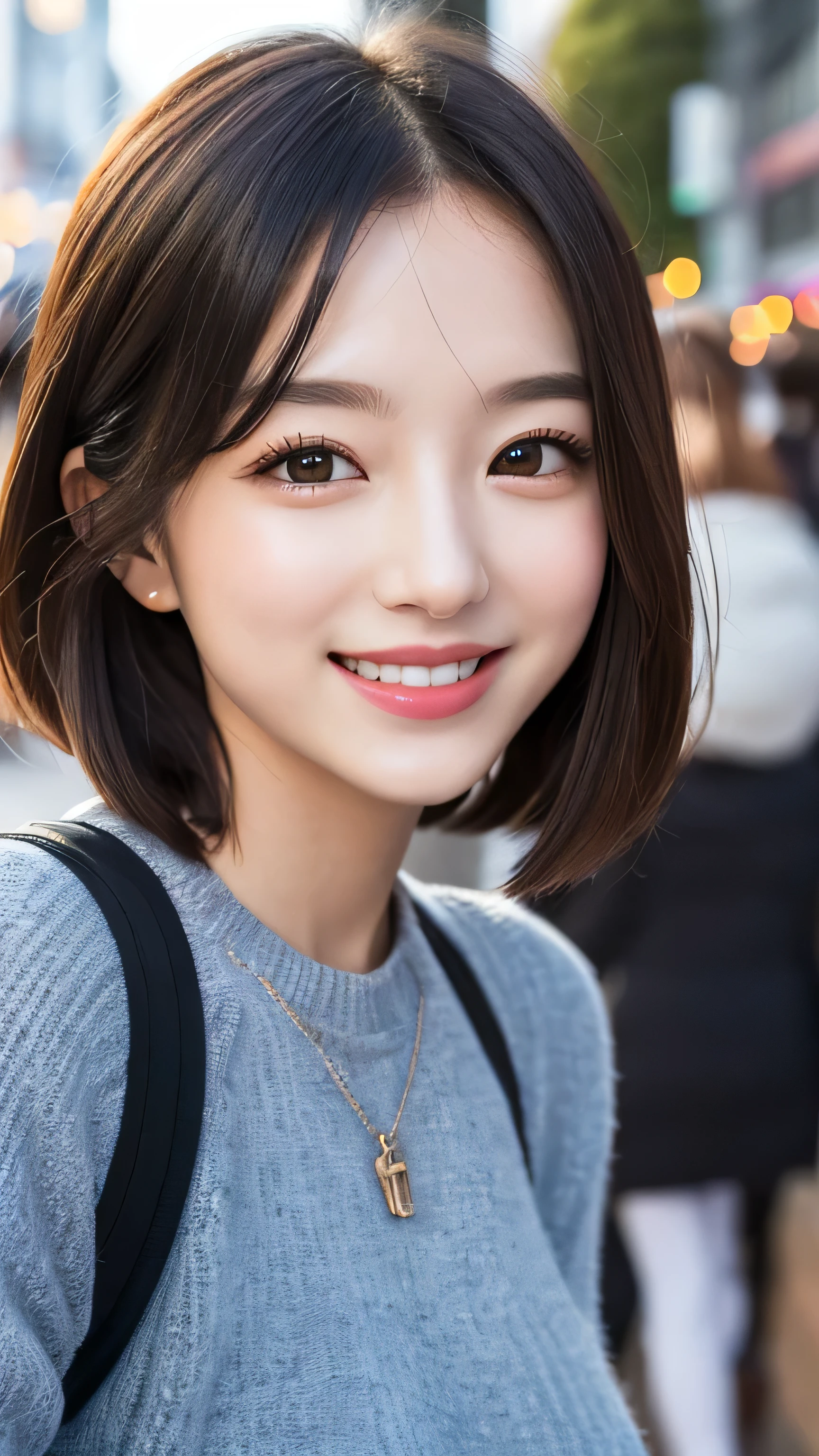 masutepiece、Best Quality、Illustration、 ultra-detailliert、hight resolution、8k Wallpapers、Perfect dynamic composition,、Beautiful detailed eyes、Women's Fashion winter、Medium hair、Natural Color Lip、Smile、Harajuku、20 years girl、Cute、looking at camera