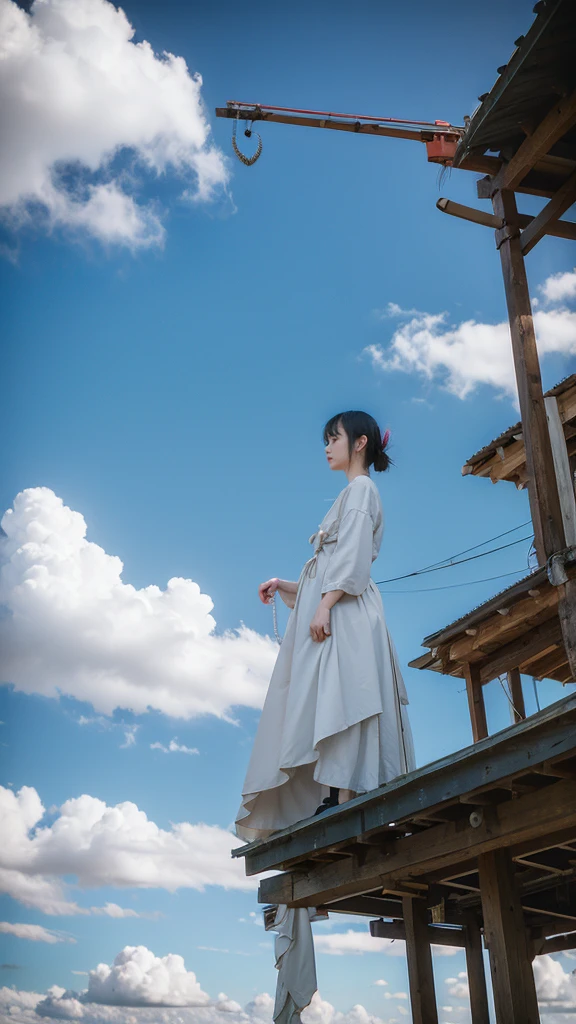 ((crane))、bird、after the rain、1girl,from below、null、cloud